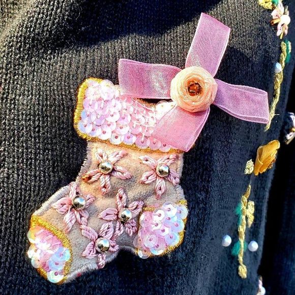 vintage Christmas Sweater 90s Beaded Xmas Stockings Black Cotton Ramie 10 12 - Picture 5 of 13